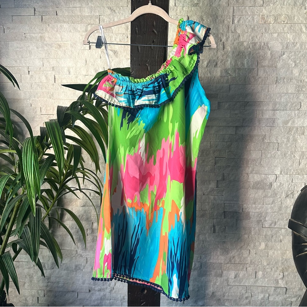 Mud Pie Bag Lady Bright Vibrant Watercolor One Shoulder Beach Pool Dress Size M - Picture 2 of 8